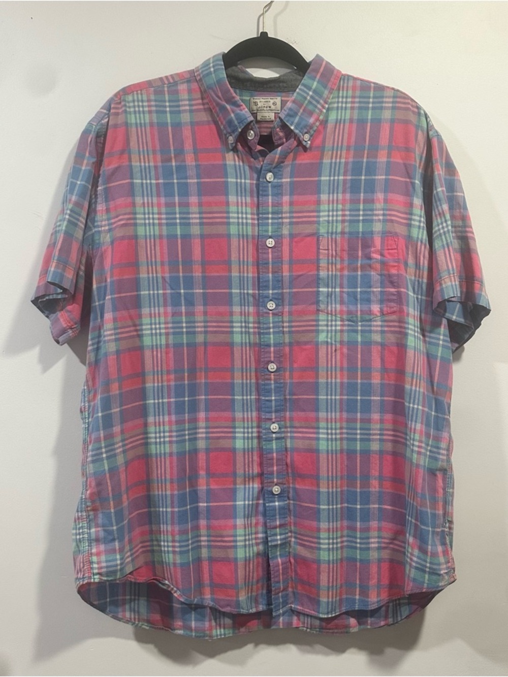 J. Crew Short-Sleeve Plaid Button-Down Shirt in Pink and Blue Vtg 100% cotton XL